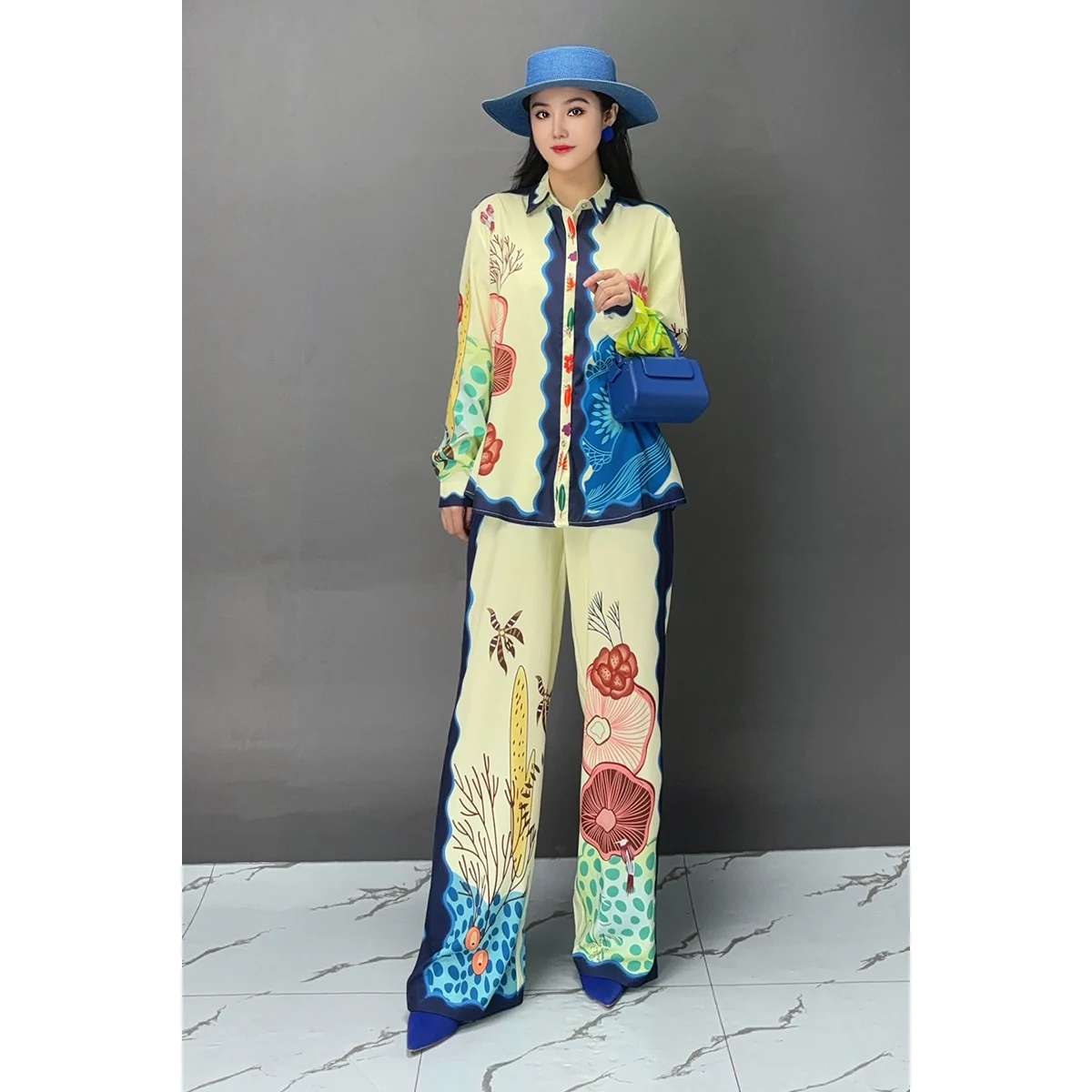 

2024 Summer New Women Pant Set Trendy Fashion Printed Shirt + Wide Leg Pants Two Piece Set ZF165