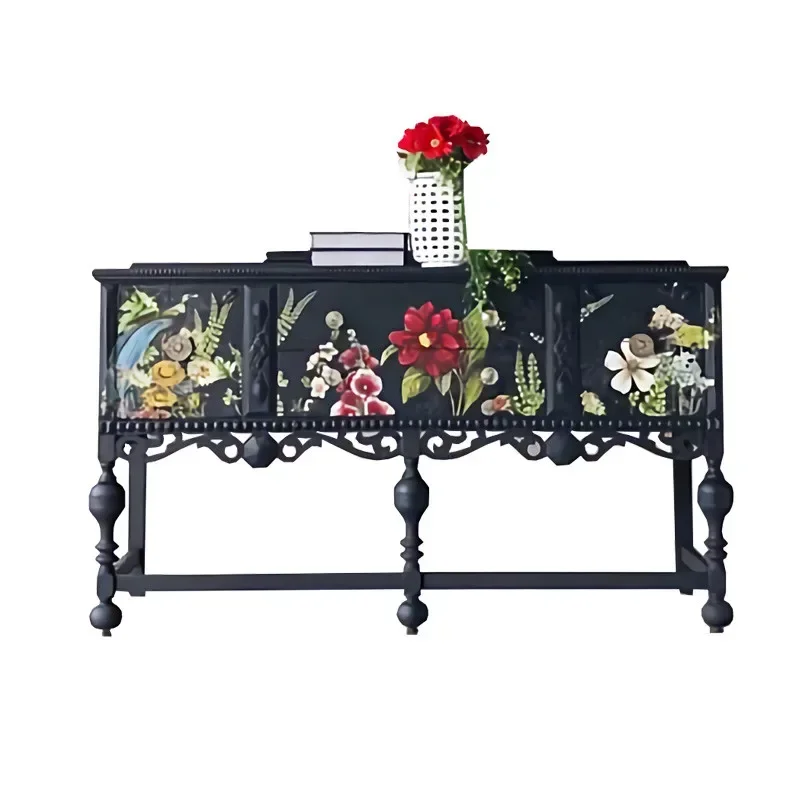 

Retro Hand-Painted Entrance Cabinet Villa Living Room Curio Cabinet Solid Wood Art Sideboard Cabinet