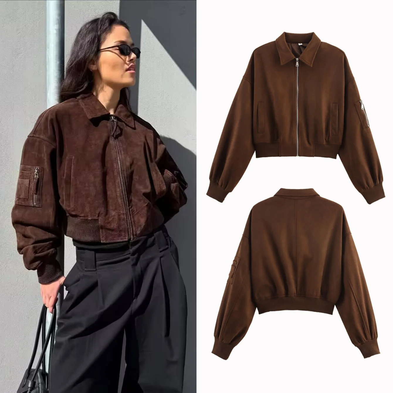 

Женская короткая замшевая куртка-бомбер с лацканами и длинным рукавом на молнии, укороченное пальто, осень-зима, женские модные повседневные куртки, уличная одежда