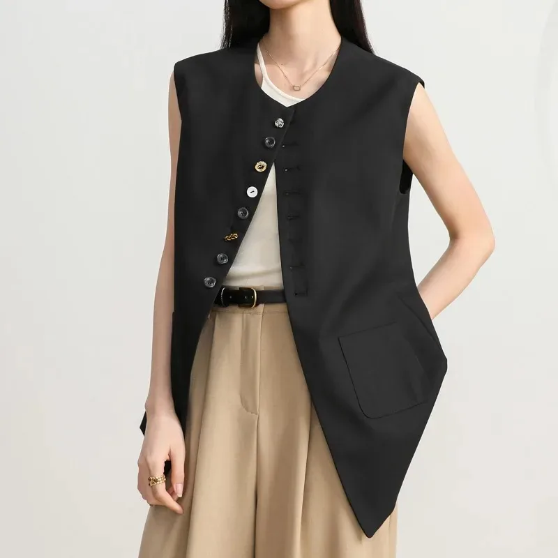 Black Vests Women Loose Basic Sleeveless Vintage Spring Outwear Office Lady Leisure M-3XL Temperament Fashion Button High Street