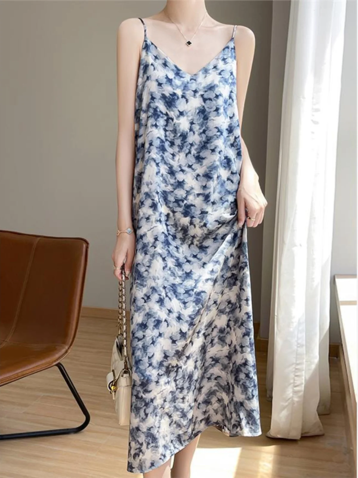 Ele Water-Media Print Sling Dr Mujer Verano Acetato Satén Suelto Adelgazante Corte A Largo Dr Cintura Alta Regular Sve