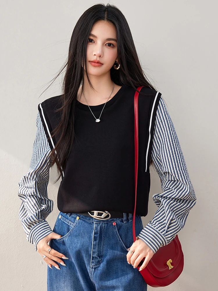 Autumn New Temperament Pullover Hoodies Korean Style Striped Stitching Shirt Tops Niche Design Sense Fashion Tops