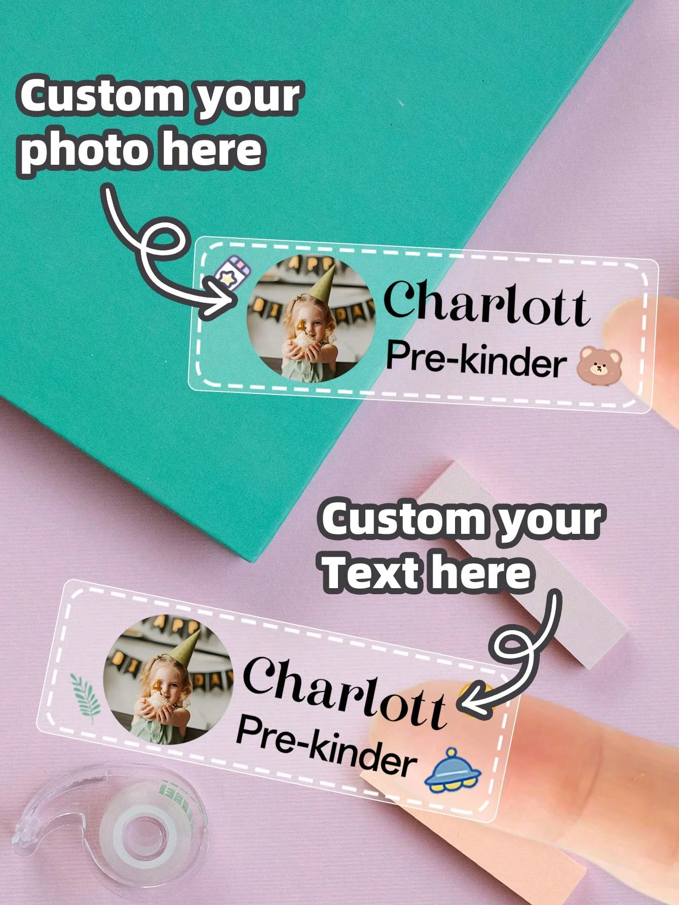 สติกเกอร์ใสกันน้ำขนาด 4.5*1.5 ซม. 1~128 ชิ้น สั่งทำได้ สำหรับอุปกรณ์การเรียน ป้ายชื่อส่วนตัวสำหรับขวดน้ำและกล่อง