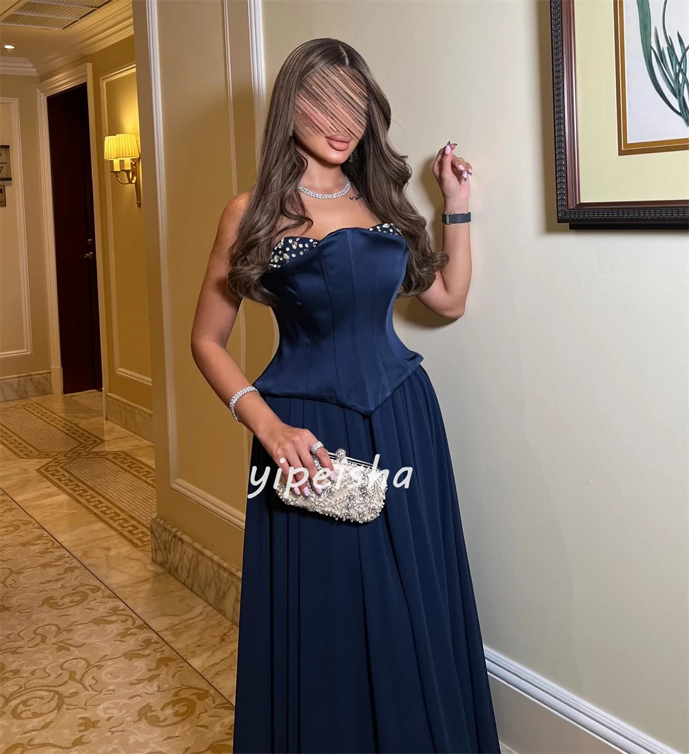 맞춤형 우아한 심플한 쉬폰 라인스톤 플리츠 A라인 스트랩리스 발목 길이 드레스 맞춤형 행사 드레스 패션 섹시