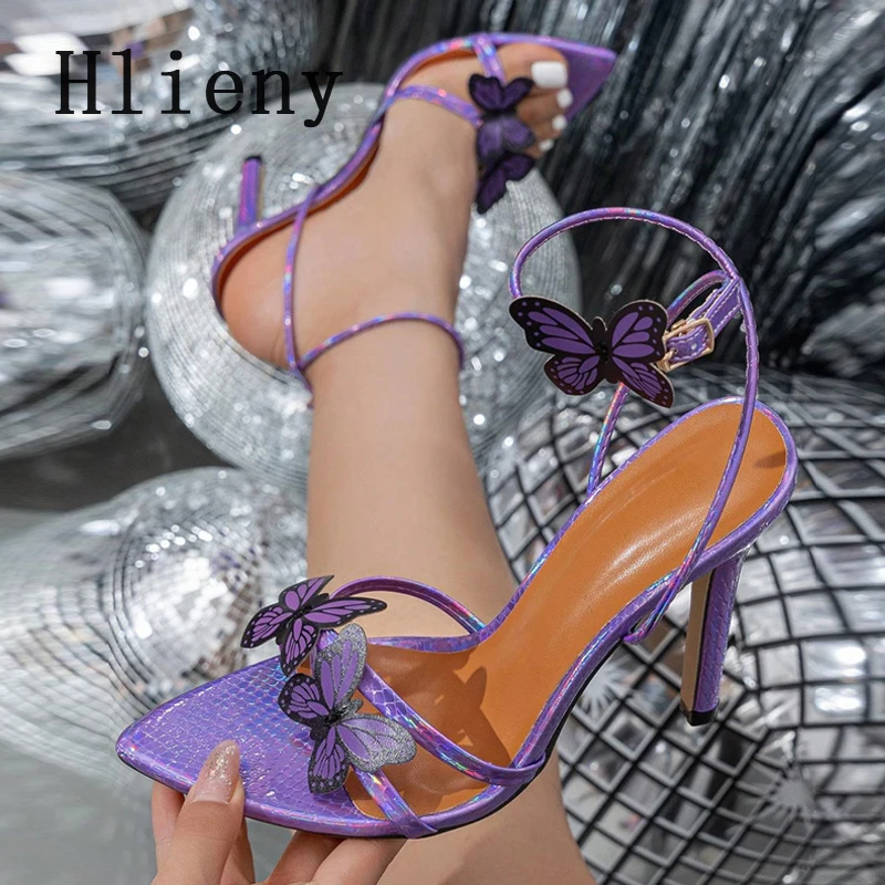 Hlieny الصيف موضة فراشة عقدة مثير أشار تو الكاحل حزام الصنادل امرأة خنجر عالية الكعب مأدبة أحذية الحفلات