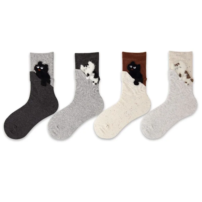 4 Pasang Kaus Kaki Lucu Musim Gugur Musim Dingin Kaus Kaki Setengah Betis Gambar Kucing Sederhana Wanita Set Kaus Kaki Wanita Fashion Lucu Musim Gugur Tinggi Kualitas Tinggi