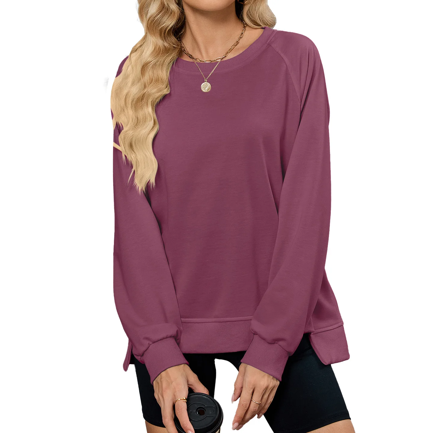 Women Hoodies Ribbed Round Neck Long Sleeve Sweatshirt Casual Fall Loose Pullovers Autumn Winter Simple Classic Tops Streetwear