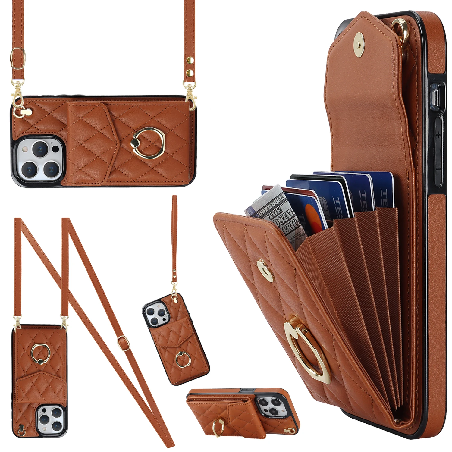 Crossbody Lanyard Ringhouder Lederen Case voor iPhone 13 14 15 16 E 17 Pro Max 17 Air 16 Plus 12 11 Multi Card Slot Wallet Cover