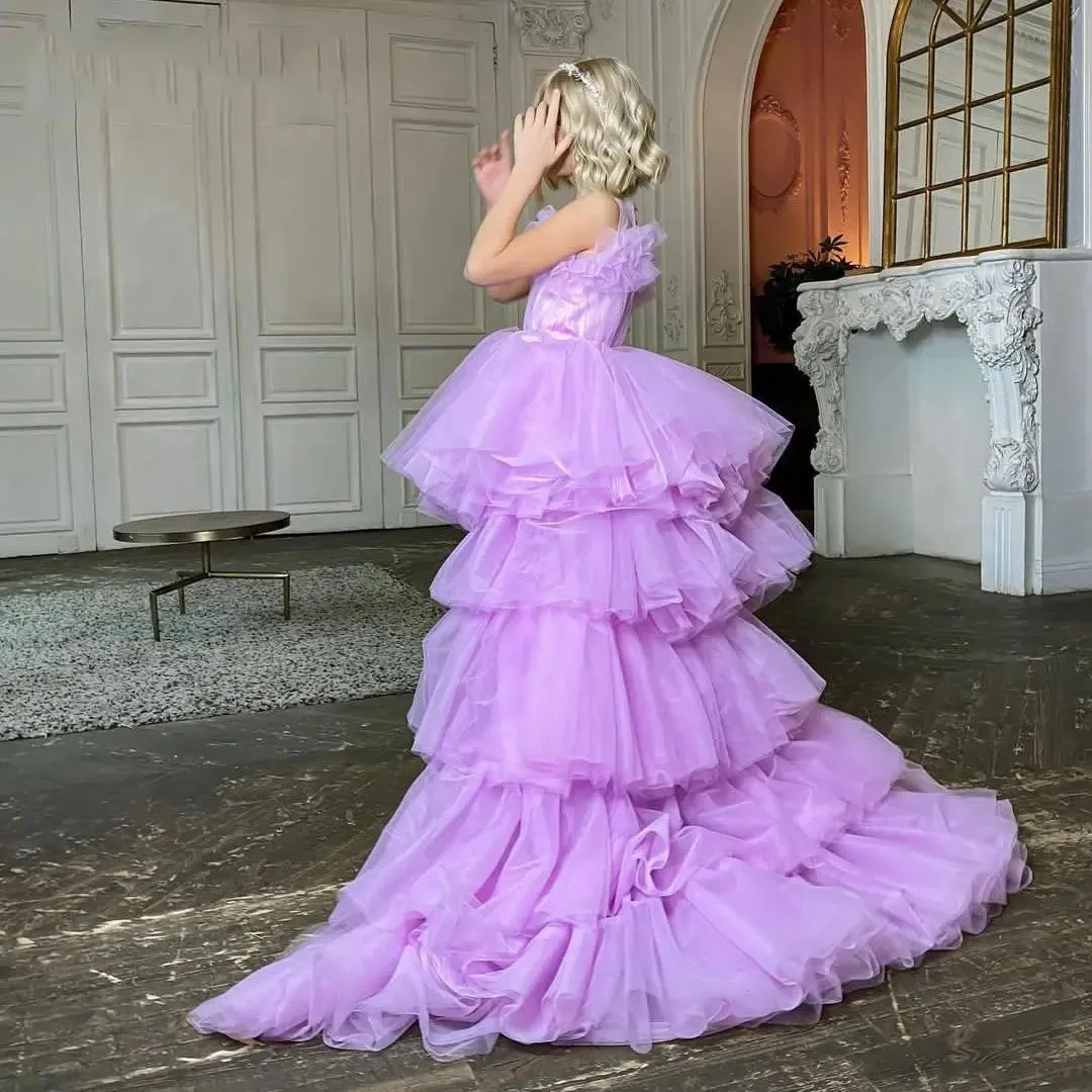 Vestido da florista em camadas roxas, Tule, Inchado, Sem mangas, Princesas, Festa de Casamento, Fofos, Primeira Comunhão, Vestidos de Baile