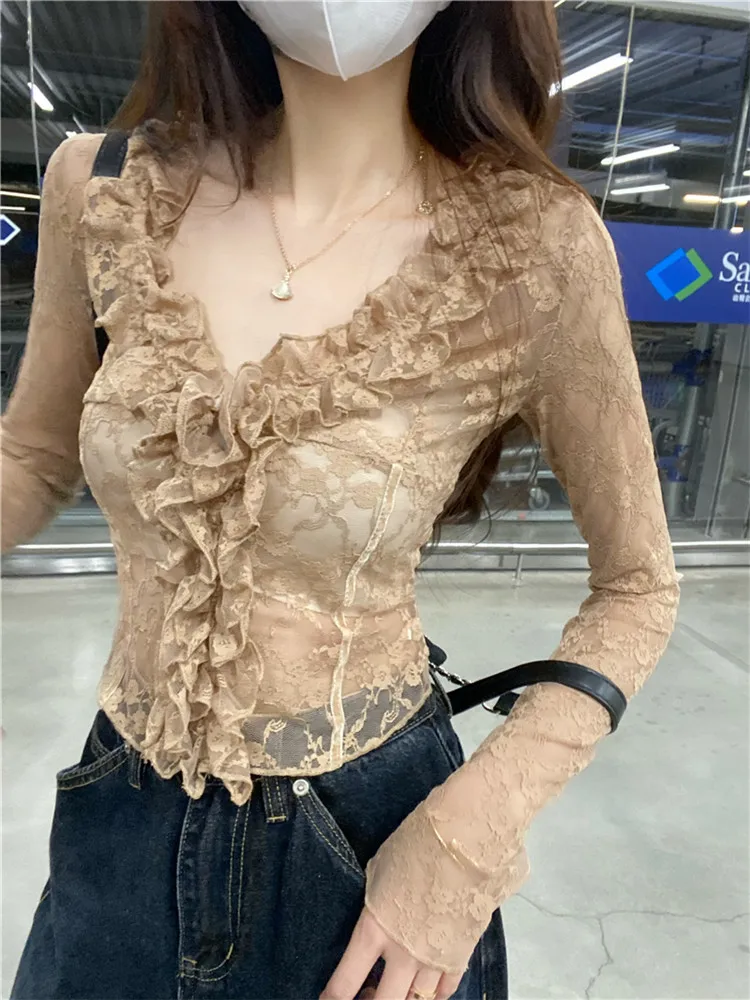 New Fashion Sexy Women Sheer Transparent Short Lace Shirt V Neck Ruffles Slim Blouse Base Shirt Long Sleeve Tight Bottoming Top