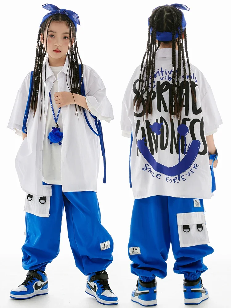 Kinder Hip Hop Kostüm Street Dance Outfits Mode Weißes Hemd Blaue Hosen Jungen Hiphop Leistung Kleidung Mädchen Tragen