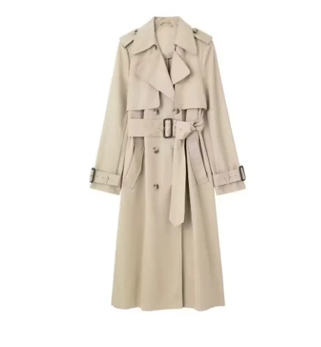 

Pop Women Trench Coats Fashion Belt Solid Double Breasted Trench Vintage Lapel Neck Long Sleeves Outwear Chic Office Ladies Coat
