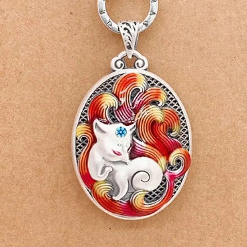 

Genuine S999 Sterling Silver Pendans For Women New Fashion Enamel Vintage Hollow Double-sided Nine-tail Fox Ethnic Style Jewelry