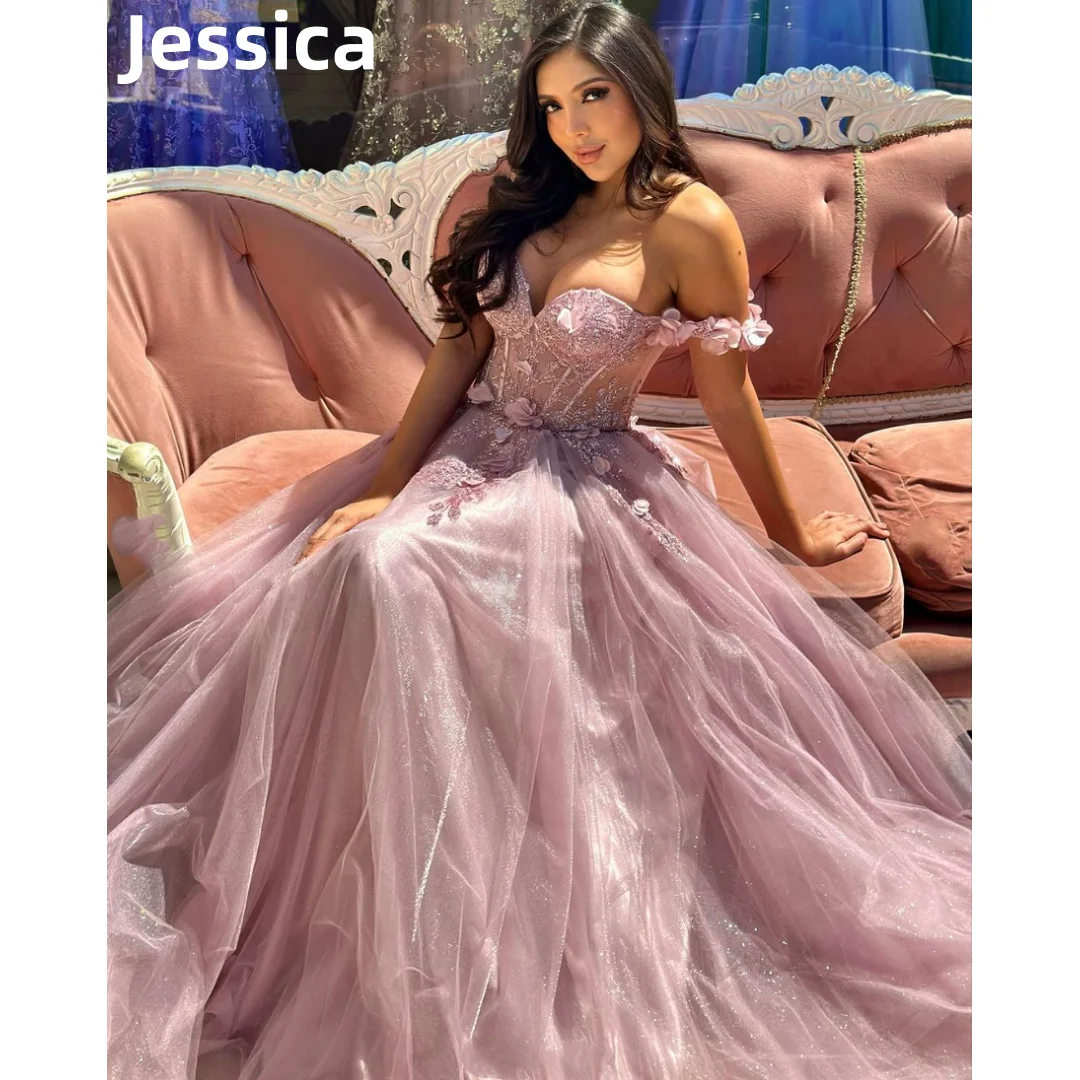 Jessica Glitter 3D Tulle Prom Dress Pink Off The Shoulder Evening Dresses Special Occasion Graduate Party Dresses Wedding Dress