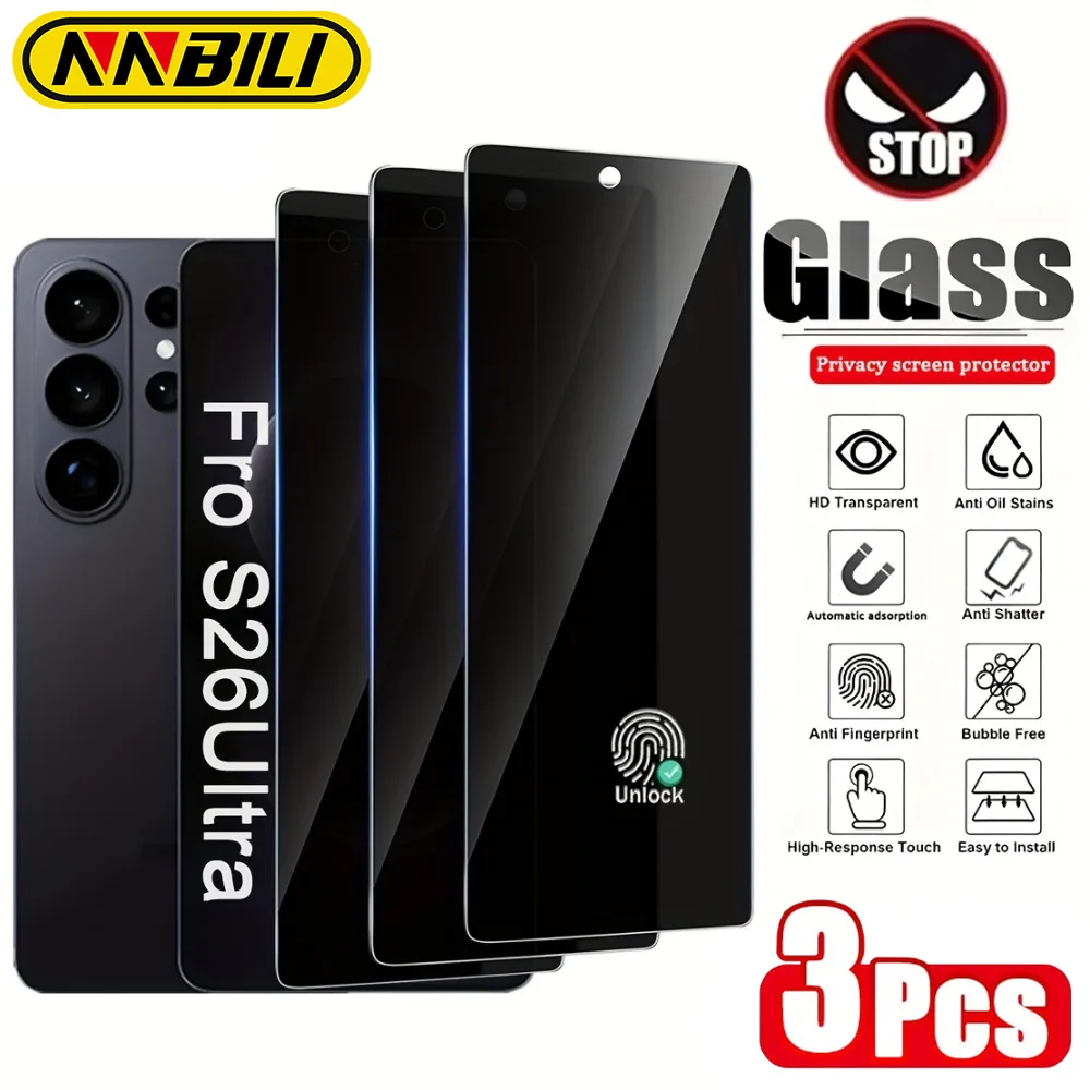 NNBILI 3-teiliger Sichtschutz aus gehärtetem Glas für Samsung Galaxy S26 Ultra S26-Serie, unterstützt 0,01S-Fingerabdruck-Entsperrung