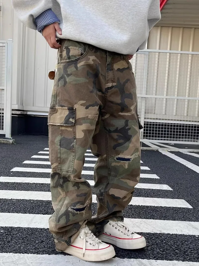 Afashion Retro American Washed Camouflage Pants Loose Straight Leg Workwear Long Trousers for Men Casual Youthful Style All Se