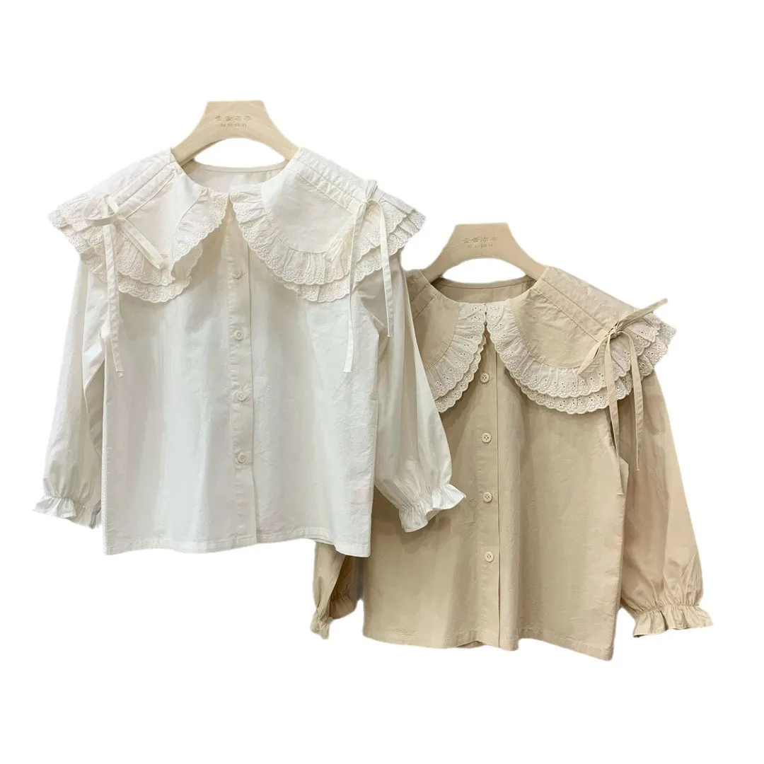 Kids blouse for Girls tops size 110-150 spring 2025 Korean foreign style double-necked shirt рубашка для девочки