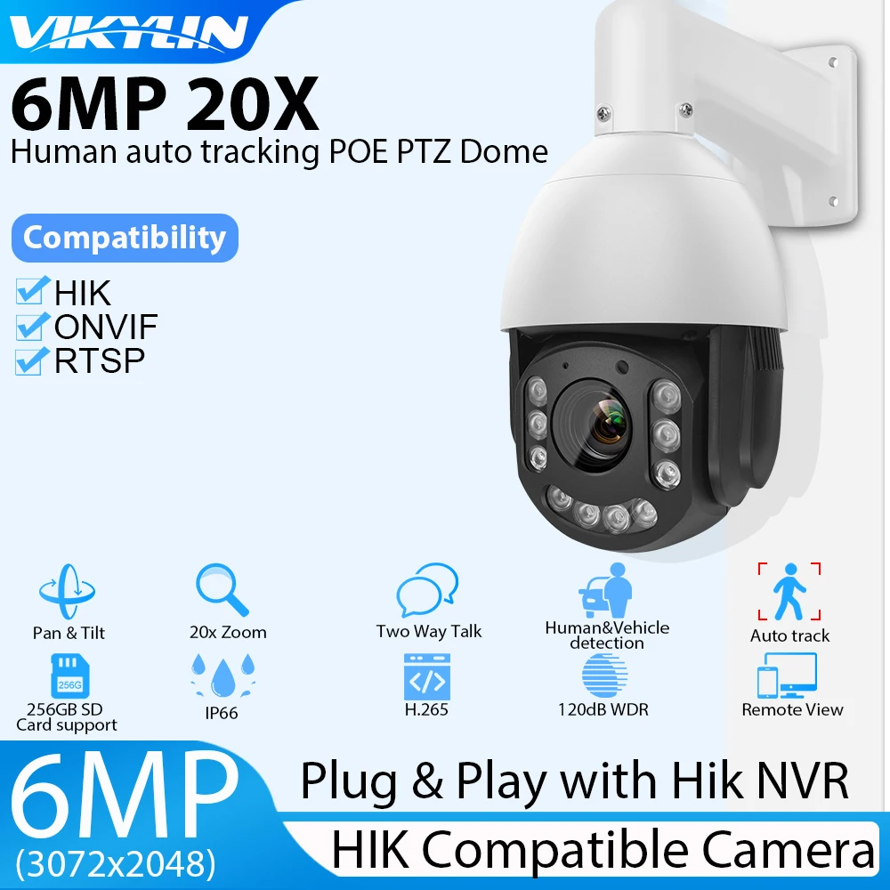Vikylin PTZ 20X Zoom Camera 6MP For Hikvision Compatible PoE IP Camera Auto Track Human Vehicle Two Way Audio Surveillan Cam