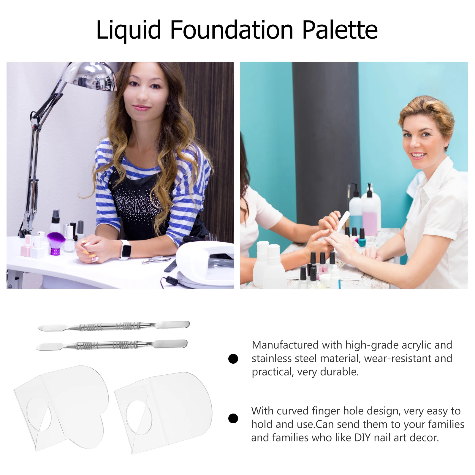

2Sets Acrylic Mixing Tray Nail Art Color Palette Liquid Foundation Salon Tool Ring Design Manicure Board Finger Hole Durable