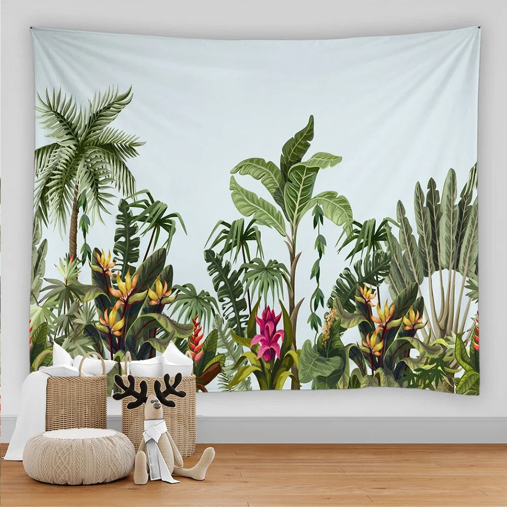 Palm Tree Tapestry Wall Hanging Tropical Plant Leaves Flowers Beach Wall Tapestry Animal Backdrop Wall Cloth Carpet Tapestries