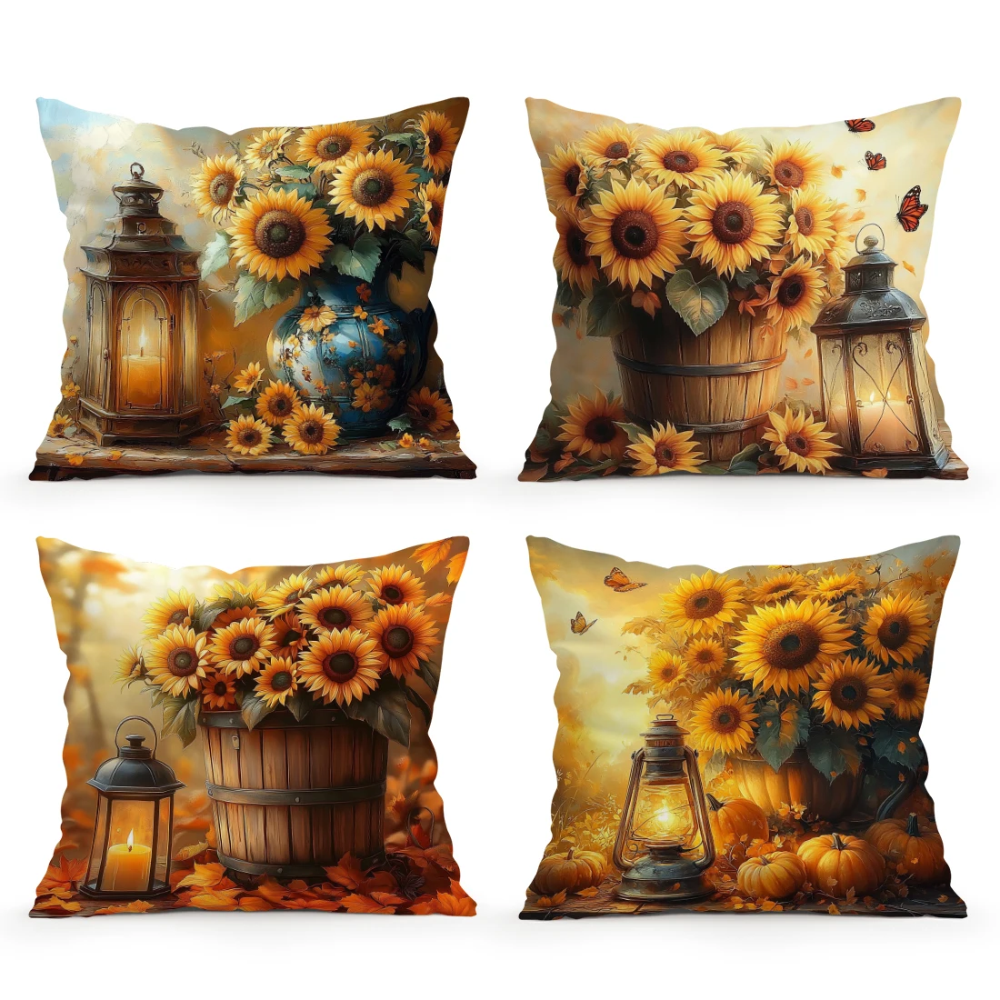 Sunflower Bouquet Oil Lamp Pillowcase Printed Polyester 45x45cm Throw Pillowcover Decorative Sofa Cushion Pillowslip Home Decor