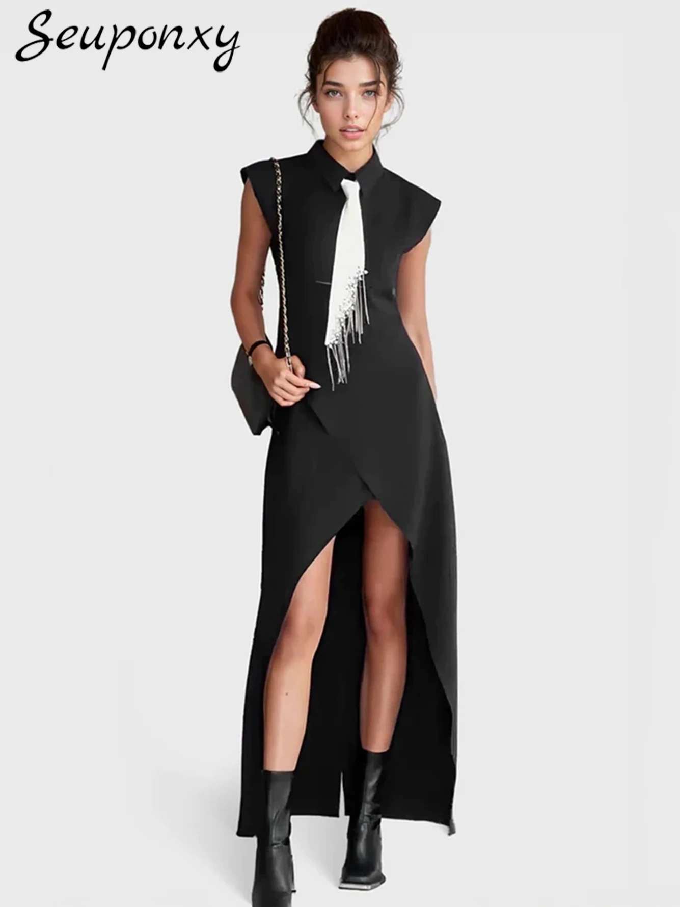 

High Quality New Women'S Sexy Willow Nail Diamond Tassel Tie Lapel Sleeveless Irregular Long Dress Elegant Celebrity Party Dress