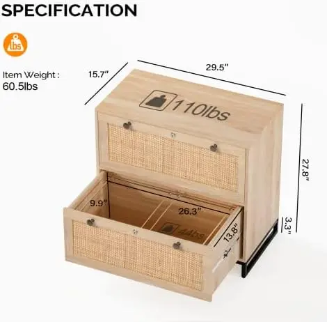 Wood Rattan 2 Drawer Lateral File Cabinet with Lock for Home Office, Lockable Filing Cabinet with Rustic Metal Handles