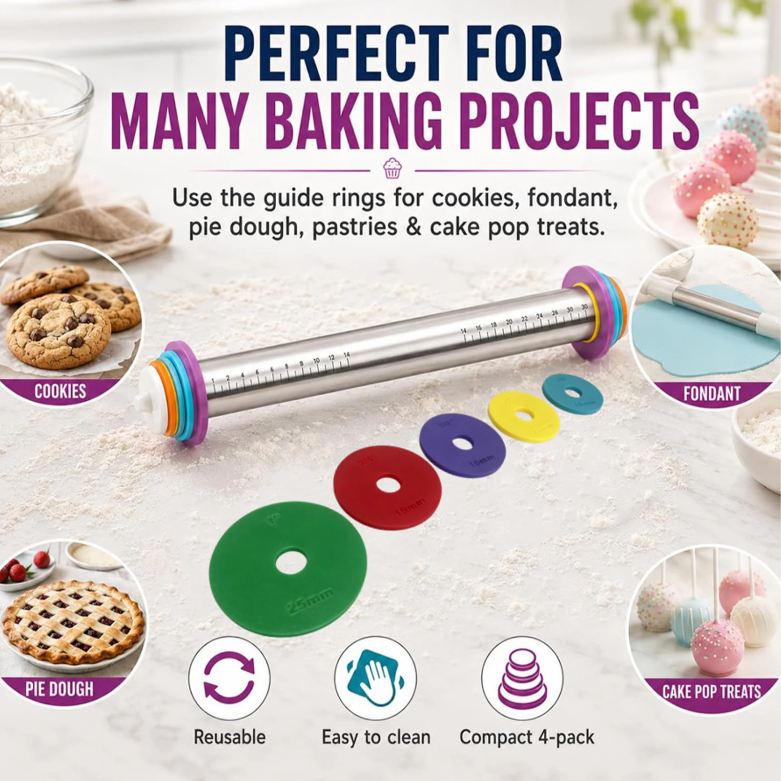 Metric Imperial Marked Rings 4PCS Rolling Pin Spacer Rings Dough Thickness Guide Cookie Pizza Pastry Baking Tool Set