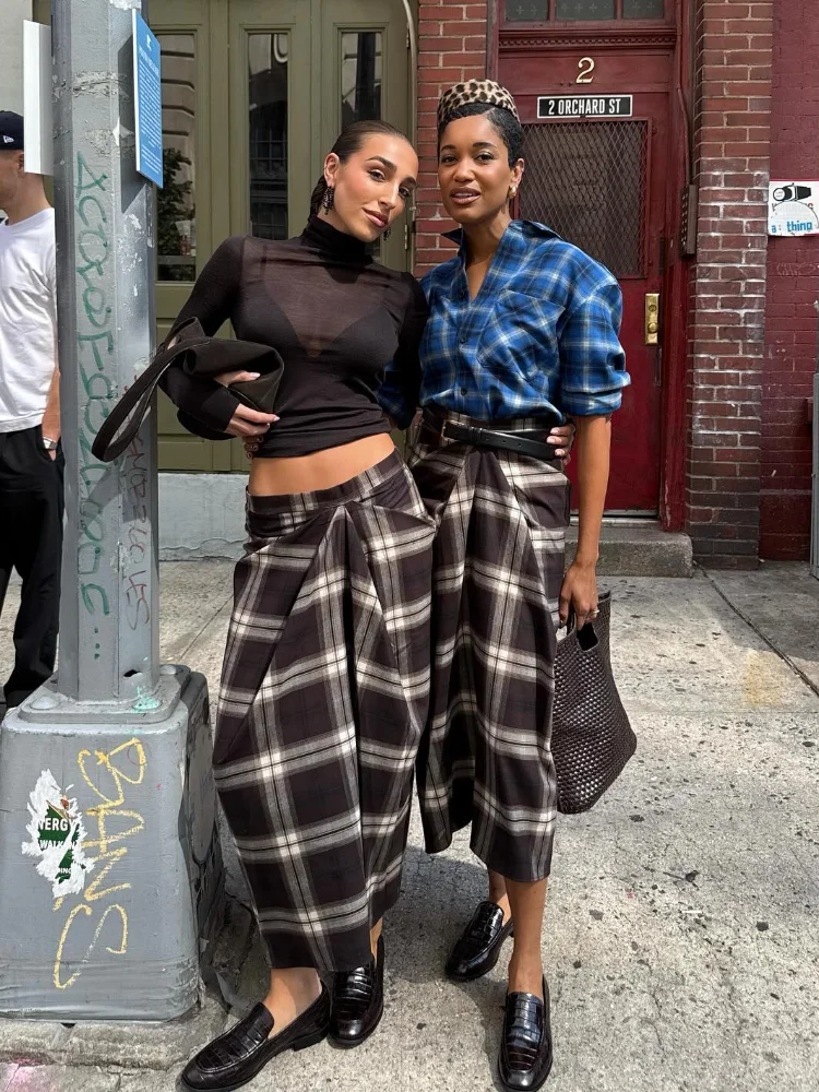 

Women Checked Midi Skirt Fashion High Waist Pleated Irregular Slim Mid-length Bottom Lady Daily New Commute Street Skirts