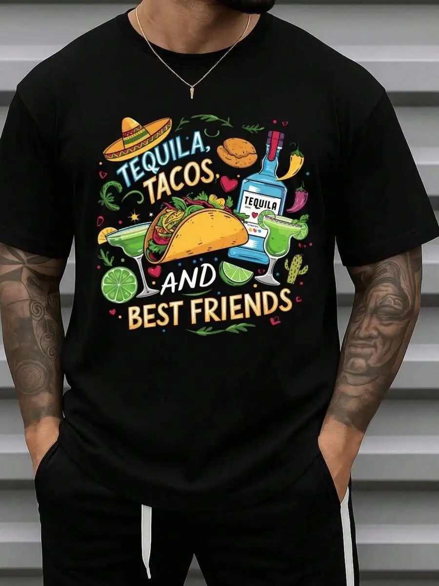 Men Funny Tequila Tacos Theme T-Shirt Cotton Casual Short Sleeve Shirt Taco Shells Print Black Humorous Party Outfit Mexican  100% Cotton Trendy Y2K Short-Sleeve Tee-Soft, Quick-Drying, Moisture-Wicking, Great Gift for Christmas or Halloween.