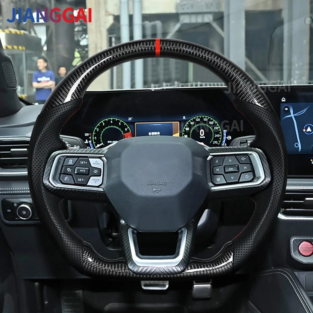 Real Carbon Fiber Perforated Leather Steering Wheel Red Stitch Round-Top Flat-Bottom For Ford Mustang GT 2024 Car Accessories