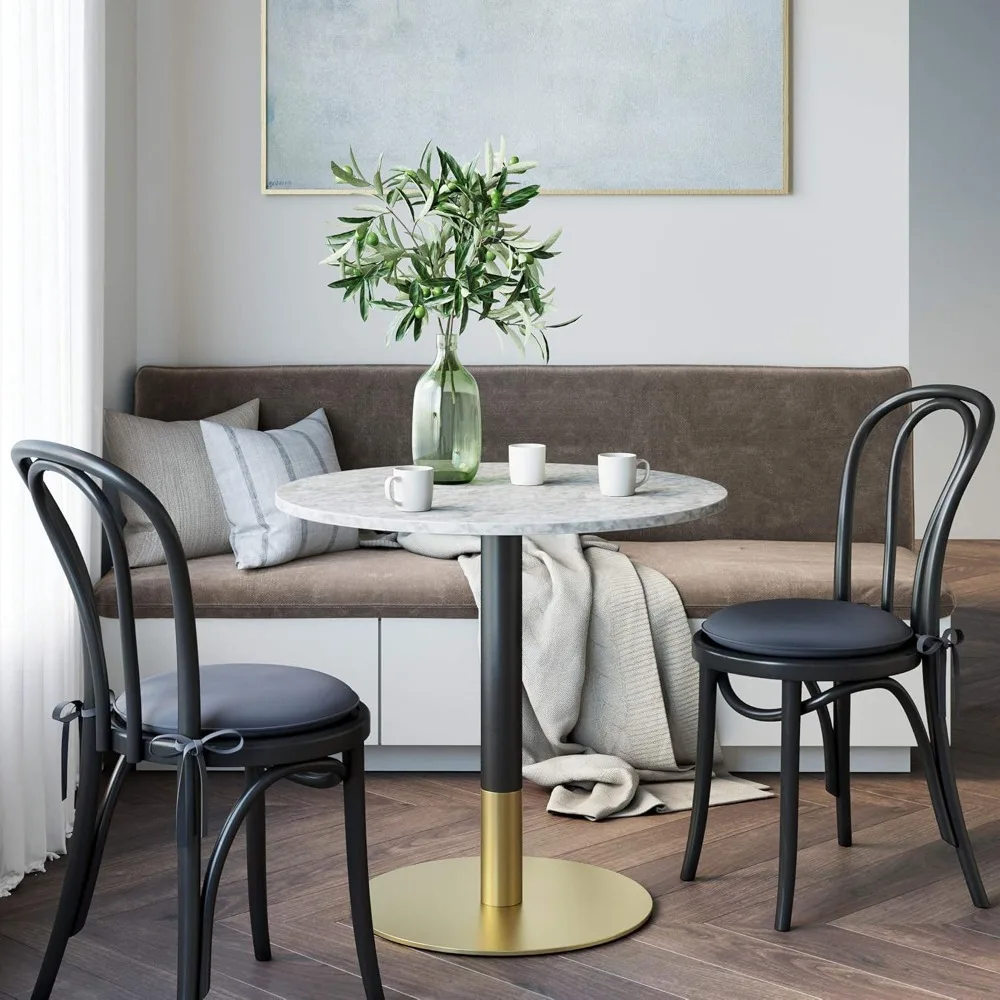 Mały stół kuchenny lub jadalny Bistro Lucy w stylu mid-century modern z blatem z imitacji marmuru Carrara i podstawą z szczotkowanego metalu, czarny