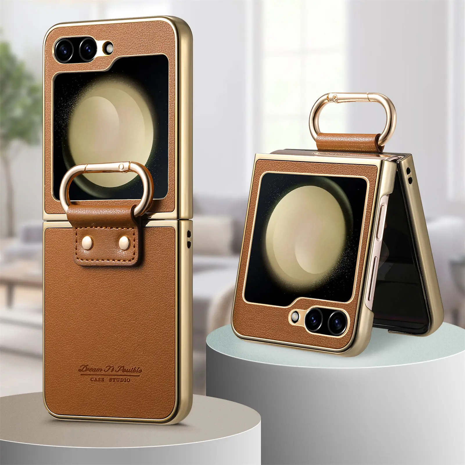 Anti-Knock Case with Ring for Samsung Galaxy Z Flip 7 6 4 5 Flip7 FE 5G Flip6 Flip5 Flip4 Leather Cell Phone Cover