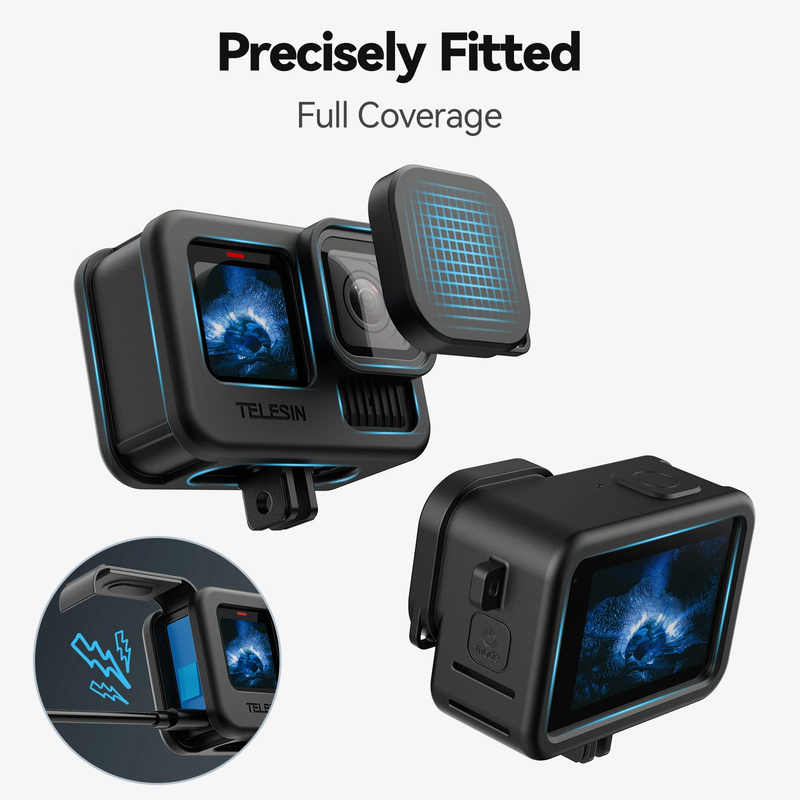 TELESIN силиконовый защитный чехол для GoPro 13 12 11 10 9, крышка объектива, черный ремешок на шею для GoPro Hero, черные аксессуары