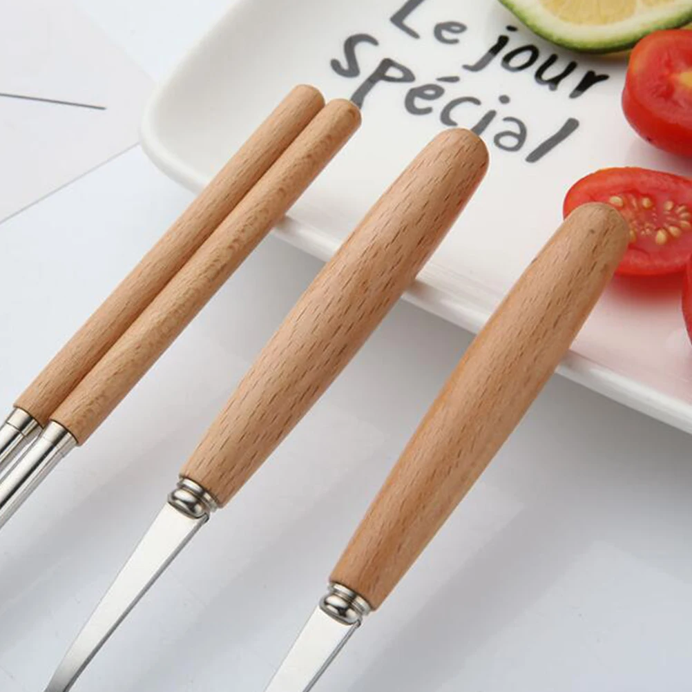 

3 Pcs Wooden Handle Tableware Set Fork Kitchen Supplies Stainless Steel Chopsticks Spoon
