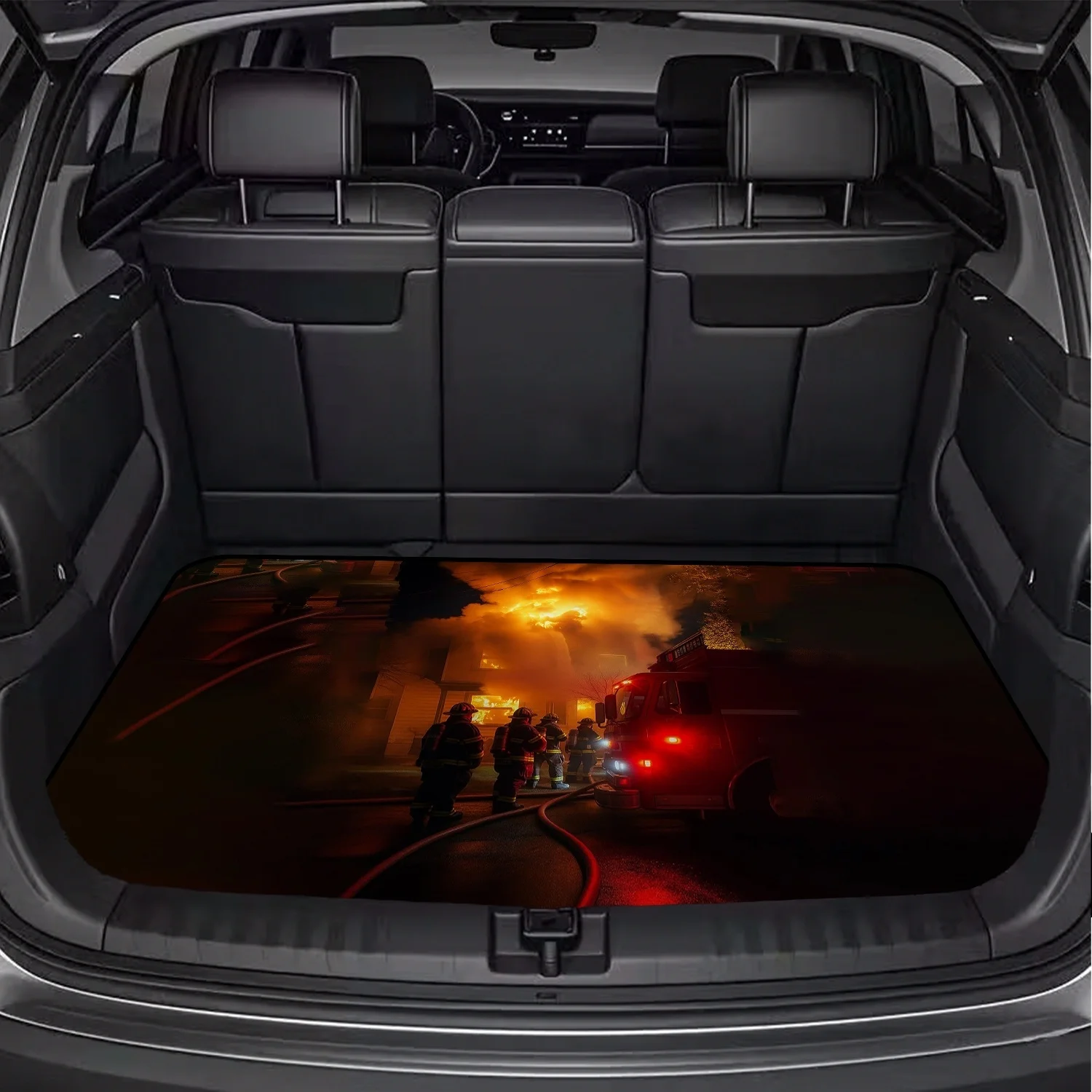 Car Trunk Mat, Firefighters Fire Truck Burning Building Night Scene Print Cargo Liner, Non-Slip Rear Trunk Protector, Car decor, Car Accessories, Interior Decoration Mat, Universal Fit For SUV Sedan Truck,