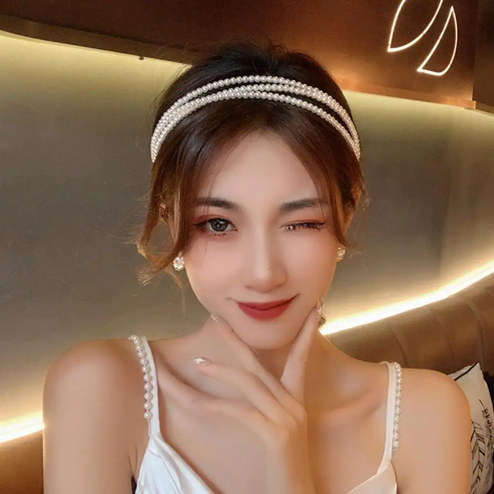 Elegant Headband Elegant Three-layer White Faux Pearls Headband Women's Anti-slip Elastic Hair Hoop Headdress Stylish Hair