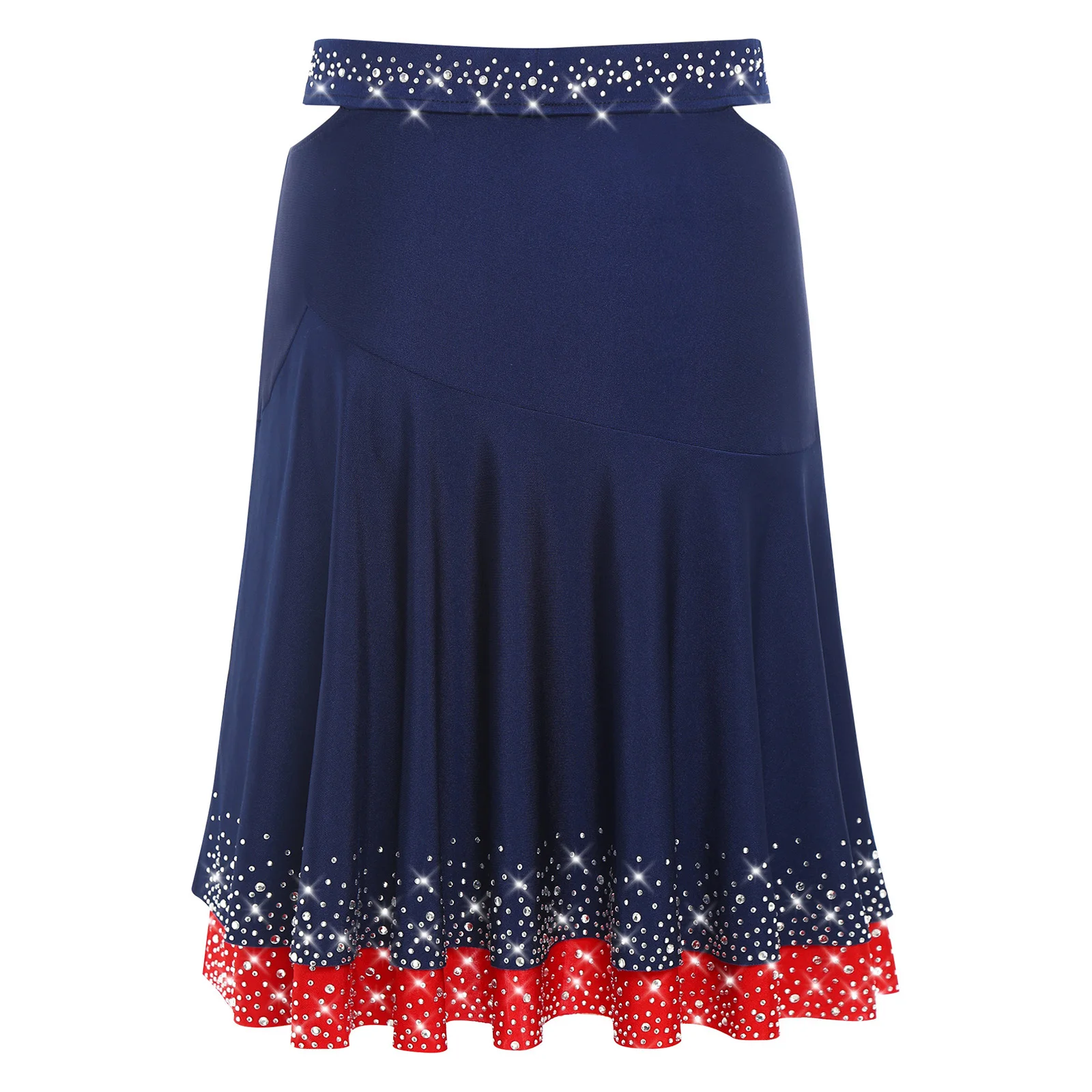 Jupe de danse Jazz latine pour femmes, strass scintillants, découpes latérales, volants contrastés de couleur pour spectacles de danse Salsa Chacha