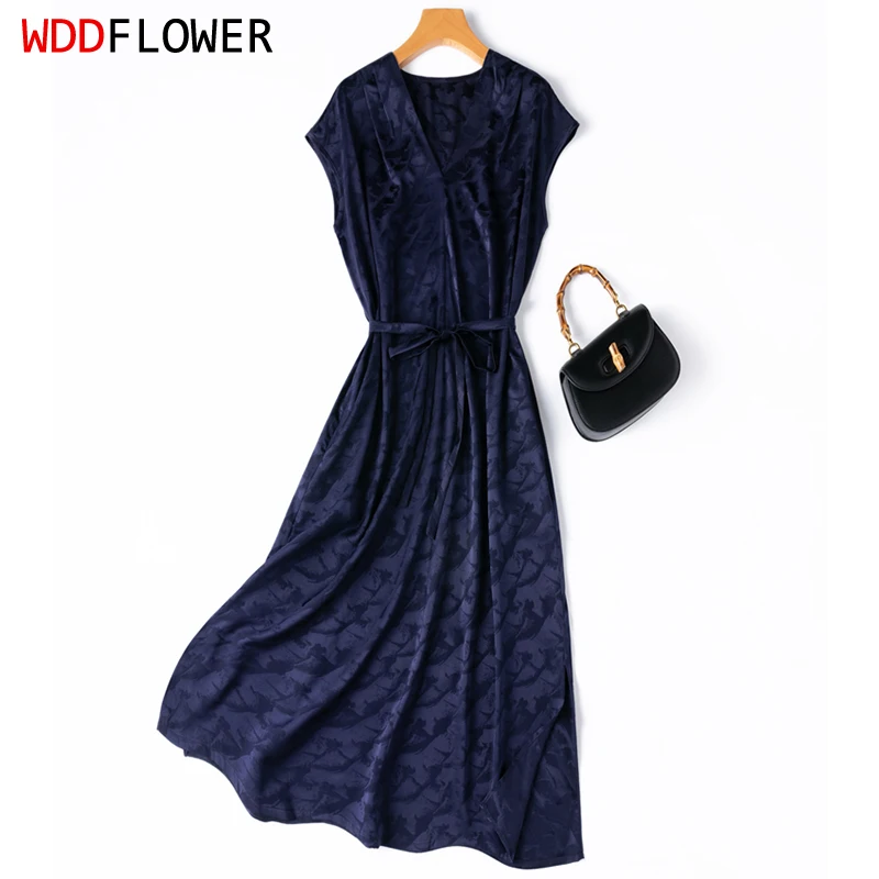Women Silk Dress 93% Mulberry Silk 7% Spandex 20 Momme Navy blue Jacquard Silk V Neck Short Sleeve Midi Dress Summer M1344