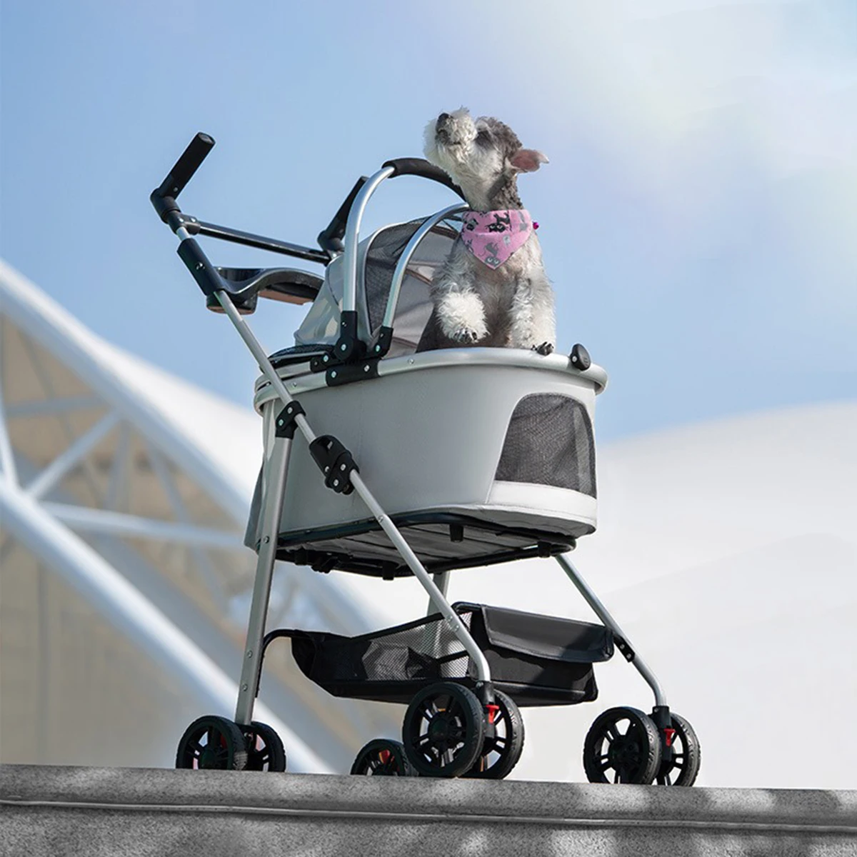 

Detachable Foldable Pet Stroller - Double Canopy & Storage Basket, 58cm Lightweight for Cats/Dogs