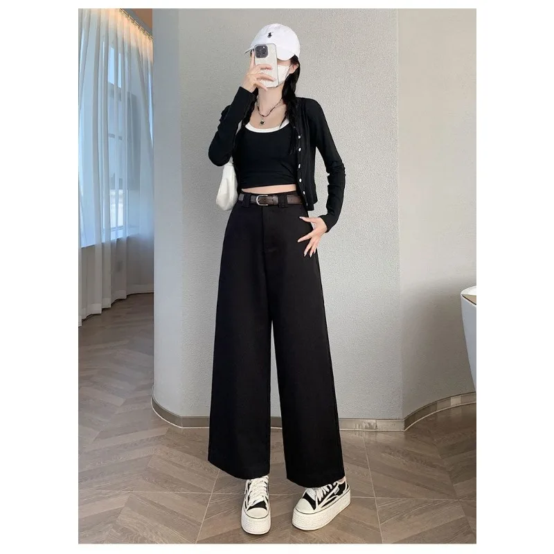 Solid Color Button Zipper High Waist Pocket Nine-point Wide Leg Pants Women's Casual Loose Straight Pants Trousers