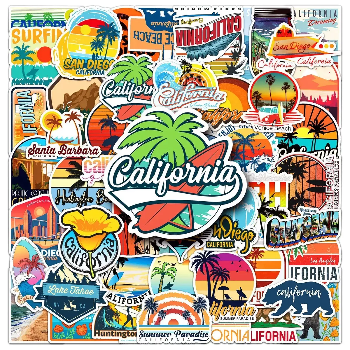 50pcs USA California City Travel Stickers Aesthetic Sunny Beach Surfing Vacation Decal Sticker DIY Luggage Car Skateboard
