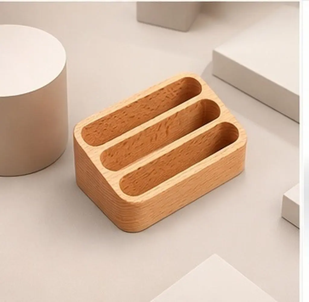 Wooden Business Card Stand Desktop 3-Grid Open Style Holder Office Card Display Rack Organizer Box Business Cards Holder