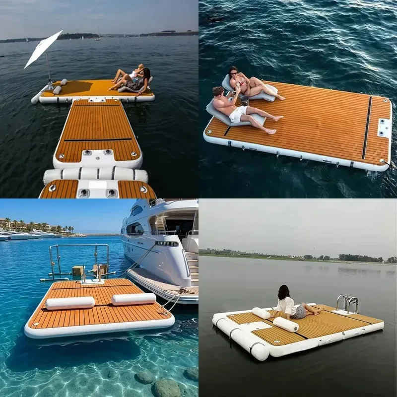 Inflatable PVC Floating Platform Mini Water Island with Imitation Wood Deck for Swimming Yacht Marina Use