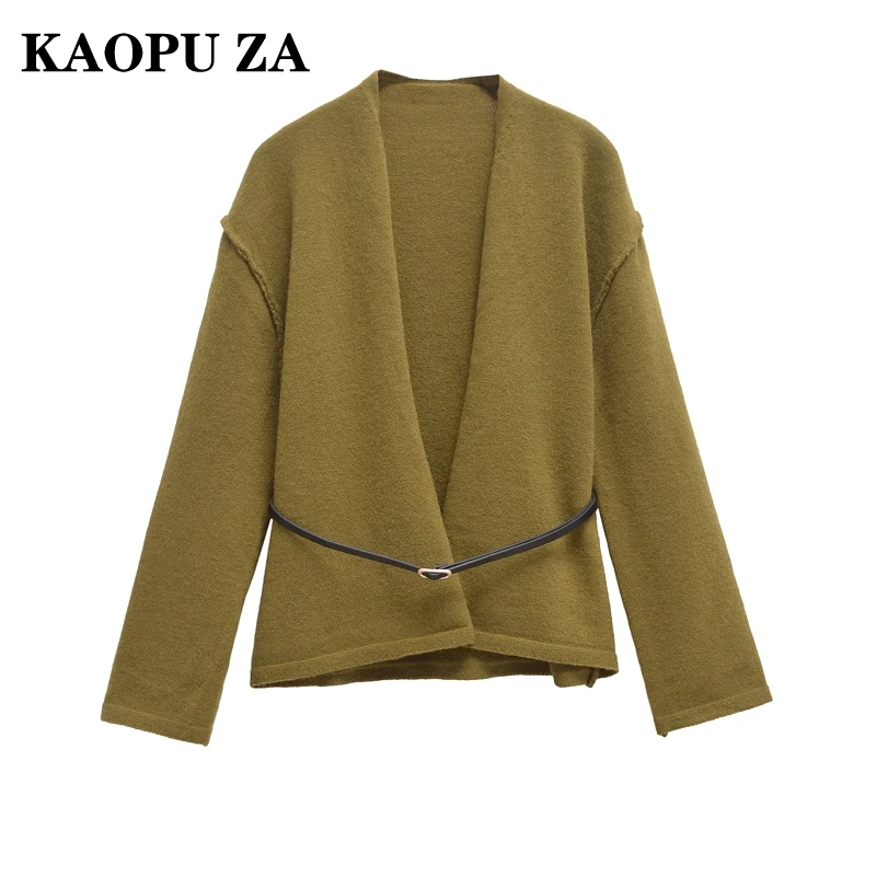 KAOPU ZA 2024 Winter New Woman Hipster Long Sleeve Knit Jacket Coat Casual Autumn Woman's Green V-Collar Top Cardigan Outerwear