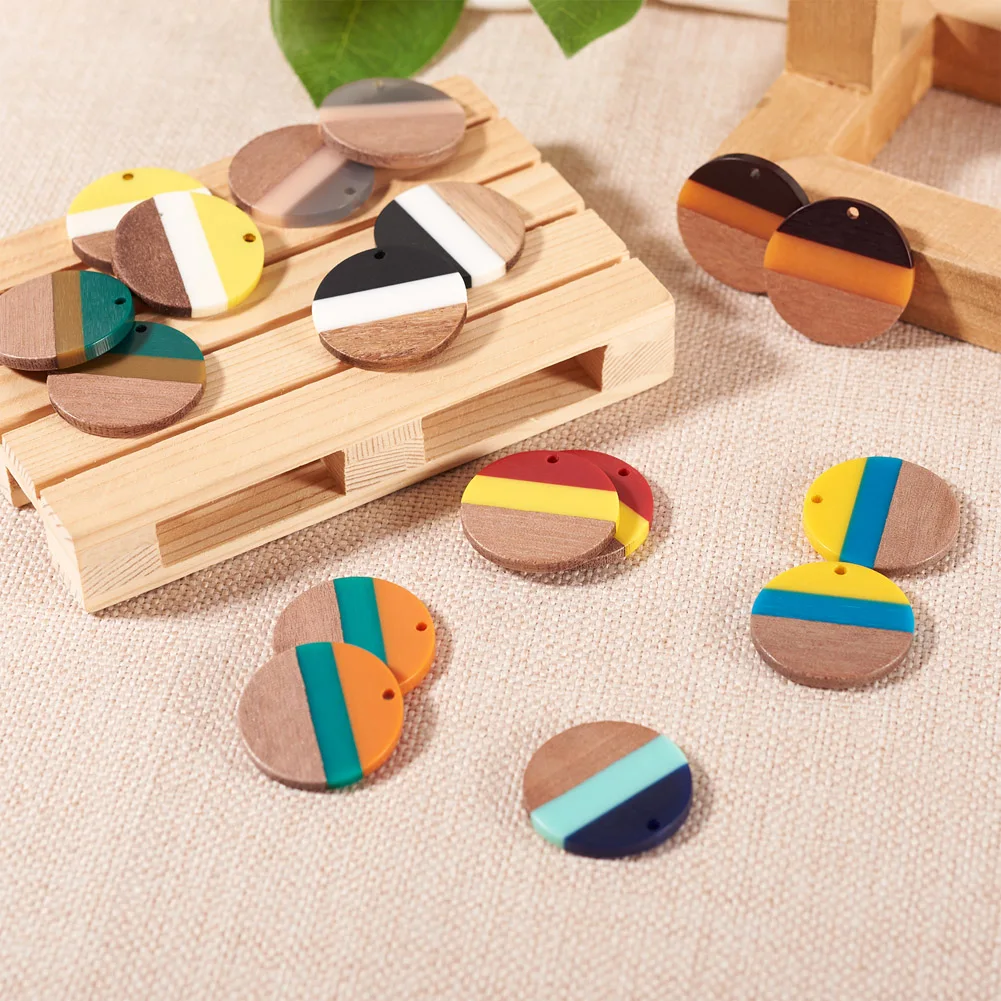 20Pcs Natural Wood Resin Charms Tri-color Flat Round Wooden Pendant For Necklace Earring DIY Jewelry Making Accessories