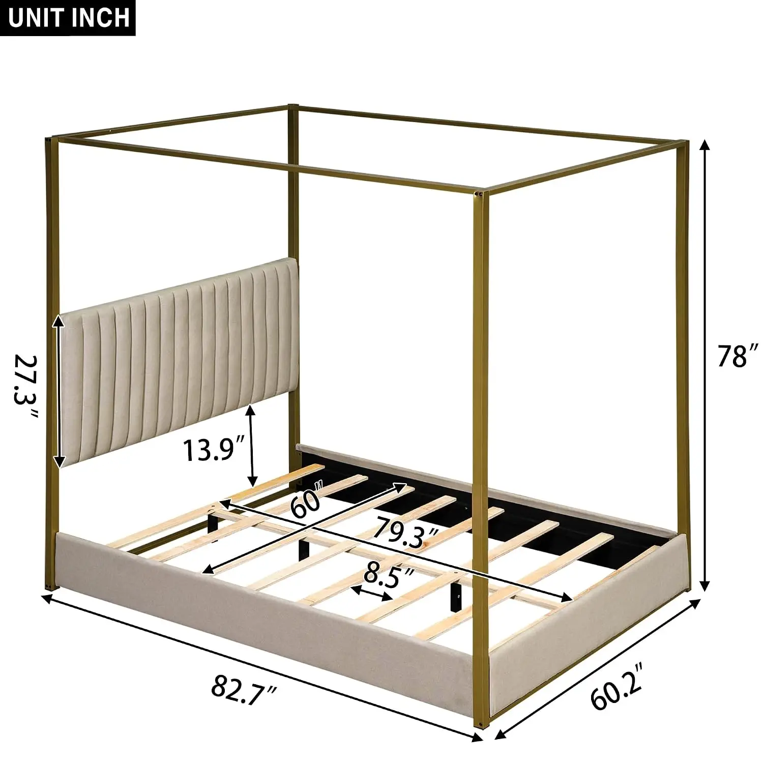 Modern 4-Poster Canopy Bed Queen Upholstered Tufted Headboard Gold Metal Frame Strong Slats Beige, Customized