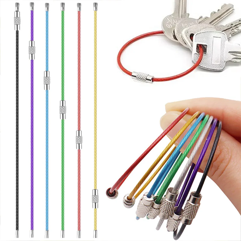 15cm Metal Wire Rope Key Rings, 1.5mm Thick Stainless Steel Keychain Loops with Twist Lock, Golden Silvery Multi-Color TMZ