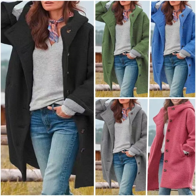 Women Solid Color Loose Cardigan Trench Coat Autumn Winter Woolen Coat Women Long Sleeve Single Breasted Hooded Woolen Long Coat