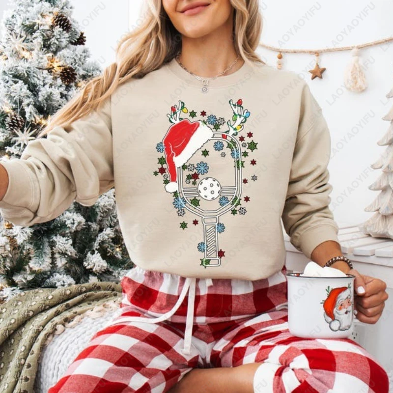 

Pickleball Player Christmas O-neck Hoodie Reindeer Santa Hat Winter Holiday Sweater Winter Simple Graphic Tracksuit Pullover